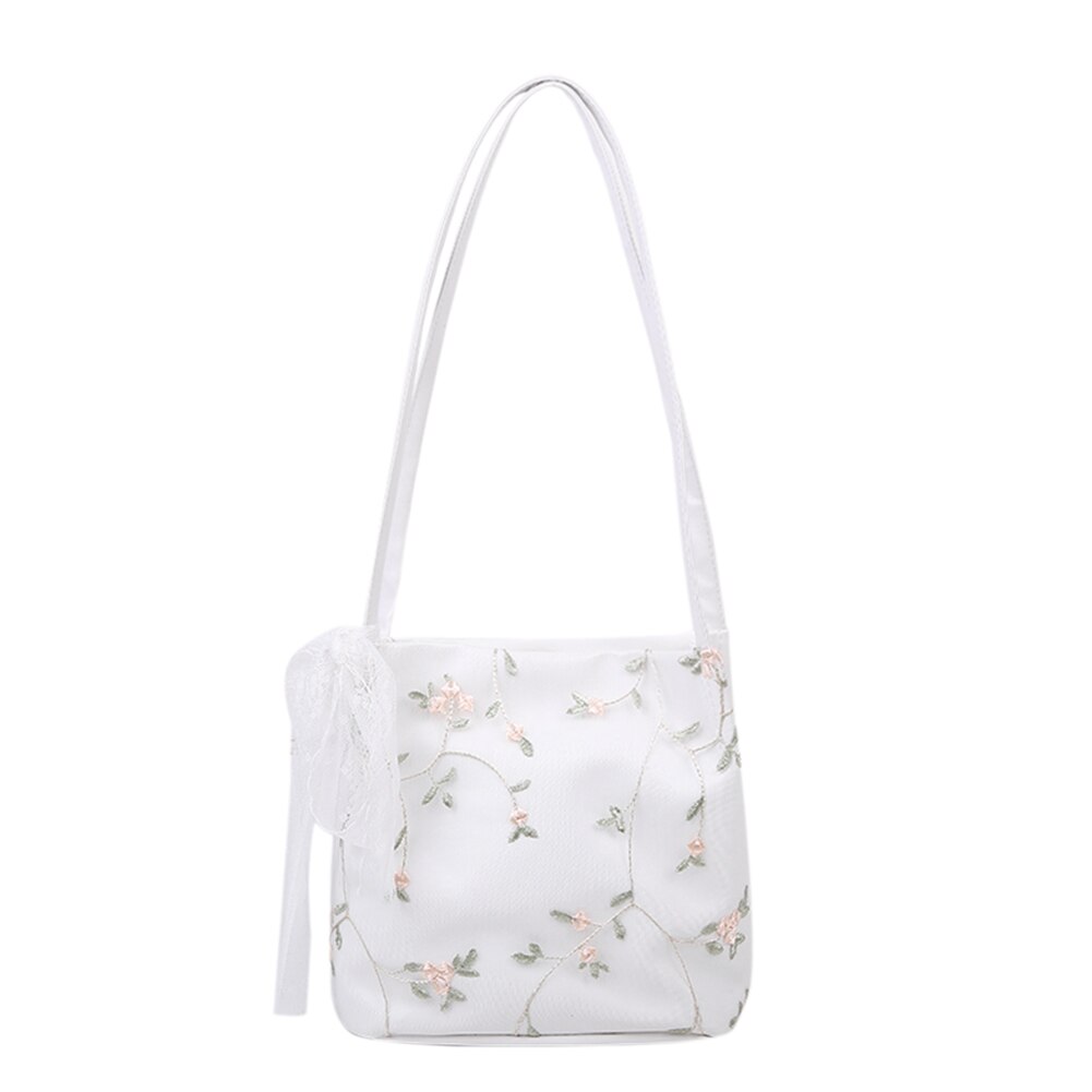 Spitze Blume Frauen Handtasche Elegante Totes Eimer Schulter Taschen PU Leder Weibliche Reise Strand Einkaufen Handtasche: Weiß