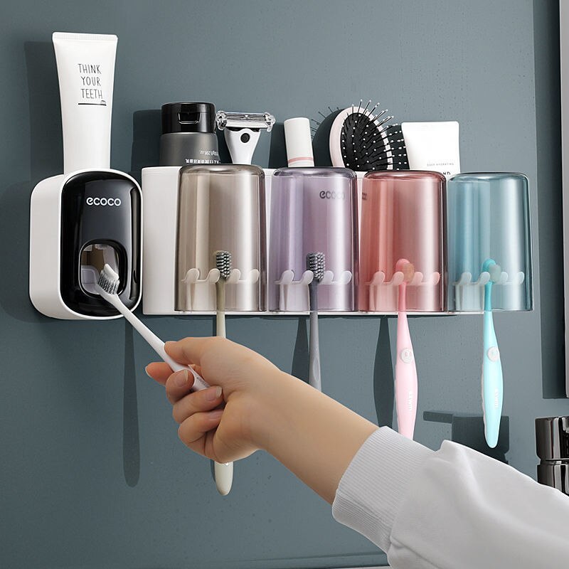 ECOCO – distributeur automatique de dentifrice à pression, accessoires de salle de bains, poinçon gratuit, ensemble de porte-brosse à dents, support de rangement mural: Figure 6