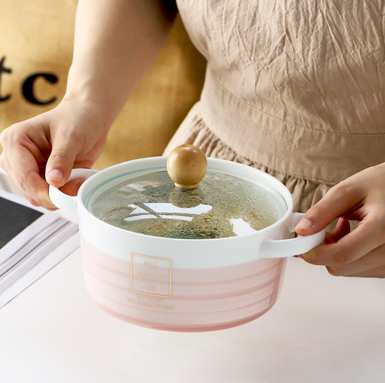 Håndmalet keramisk skål med låg studerende risskål binaural anti-skoldning husholdningssalatskål suppeskål bordservice