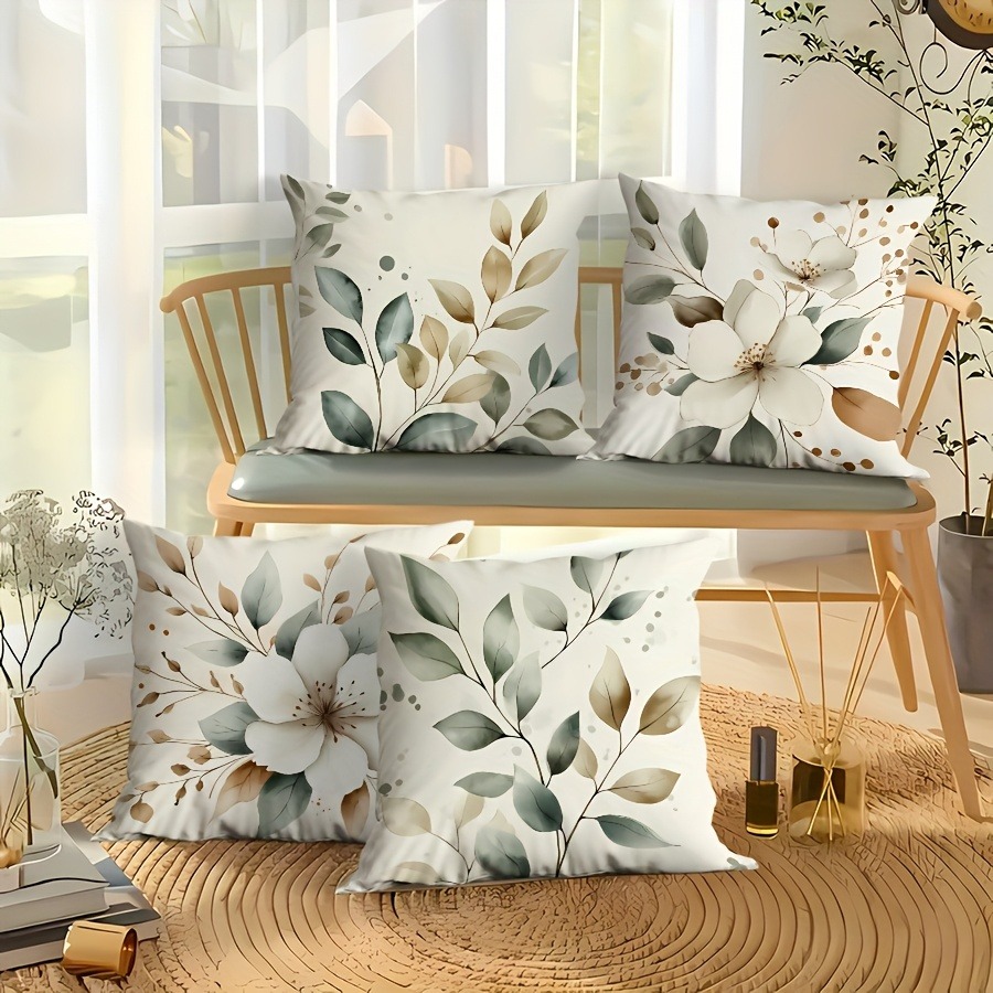Naturlig pudebetræk i blad- og blomsterstil, soveværelse, stue, sofa, boligindretning, polyesterpudebetræk med lynlås