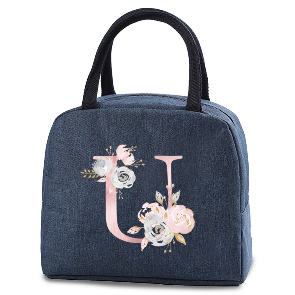 Saco térmico isolado almoço alimentos armazenamento sacos refrigerados zip piquenique tote carta rosa flor impressão fonte a b c d e bolsa: Branco