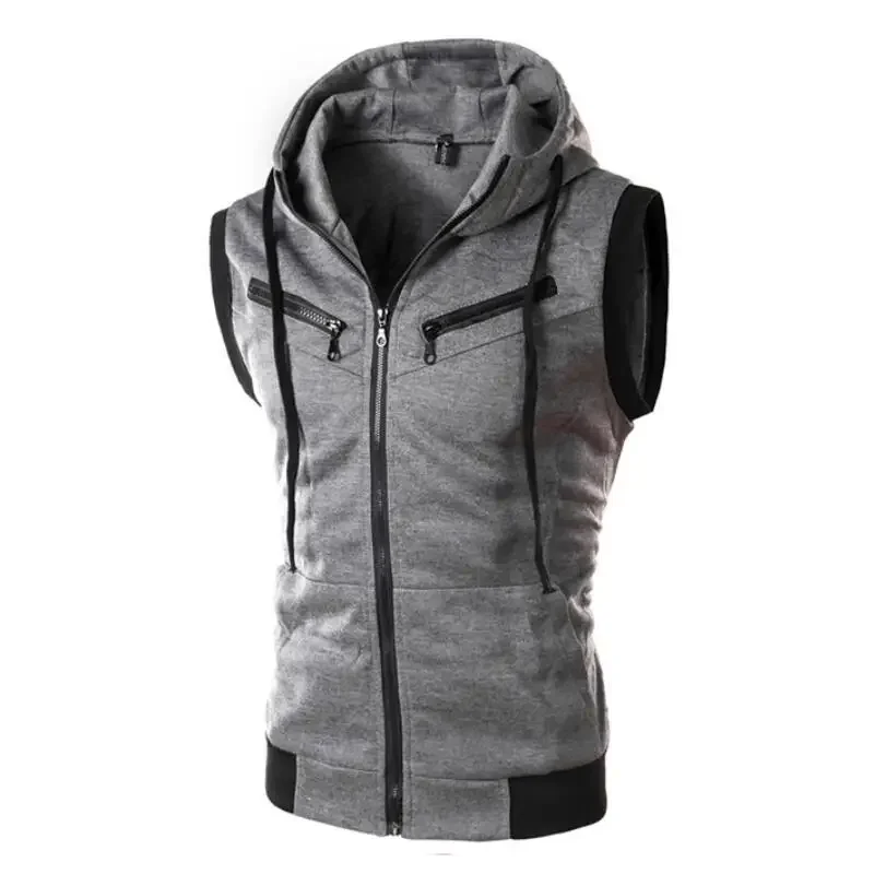 Men's Sleeveless Hoodies Casual Zipper Hooded Sweatshirt Men Bodybuilding Tank Top Sporting Shirt Waistcoat Vest: XXXL / Dark Grey