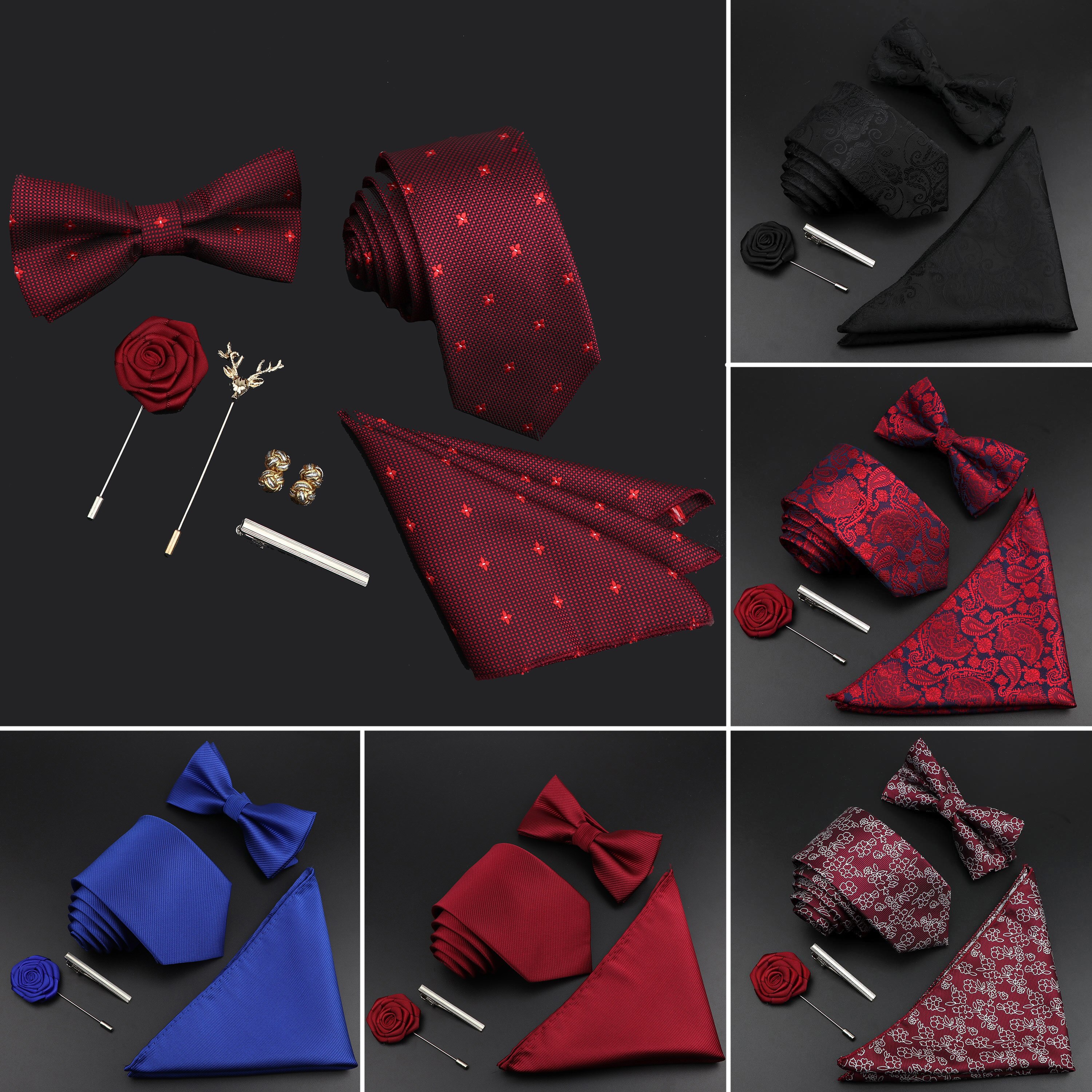 Enfärgad siden herr slips set polyester jacquard vävd slips fluga kostym vintage röd blå för brudgummen företag bröllopsfest