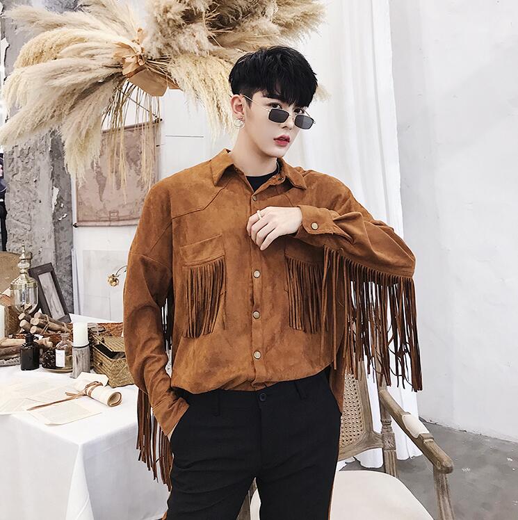 Chemise à franges pour hommes, style Hip Hop, gothique, Streetwear, Punk, personnalité, scène, boîte de nuit, chanteur, noir, kaki