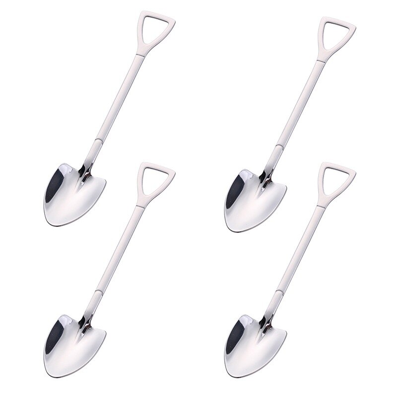 4 Stuks Koffie Lepel Bestek Set Rvs Retro Ijzeren Schop Ijs Lepel Scoop Dessertlepel Thee-Lepel mode Servies: 4Pcs Silver B