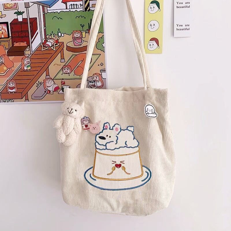 2021 Shopper Shopping Bag da donna borsa a tracolla in tela borse a mano femminili borsa a tracolla pieghevole riutilizzabile in velluto a coste: 2White Chapter Bear