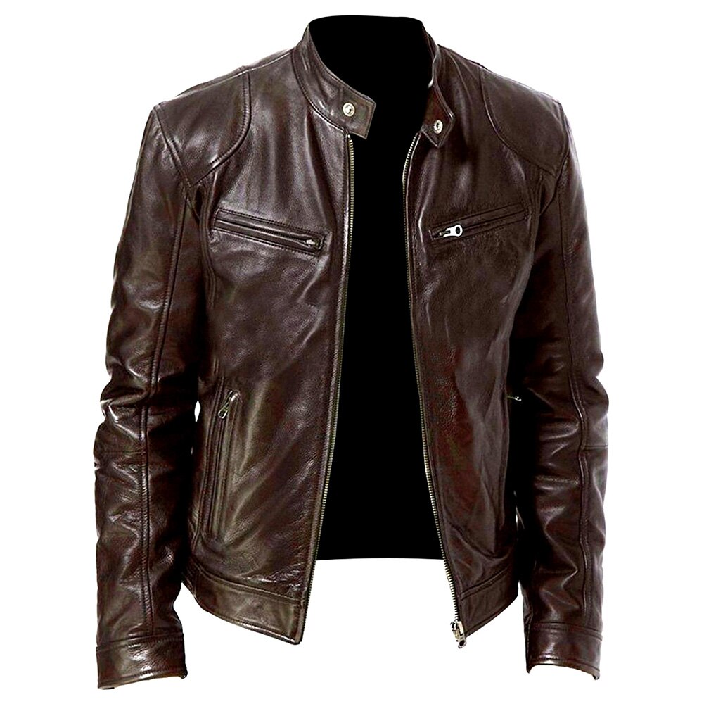 Elegante uomo autunno manica lunga colletto alla coreana ecopelle cerniera giacca da moto giacca da uomo in tinta unita stile moto