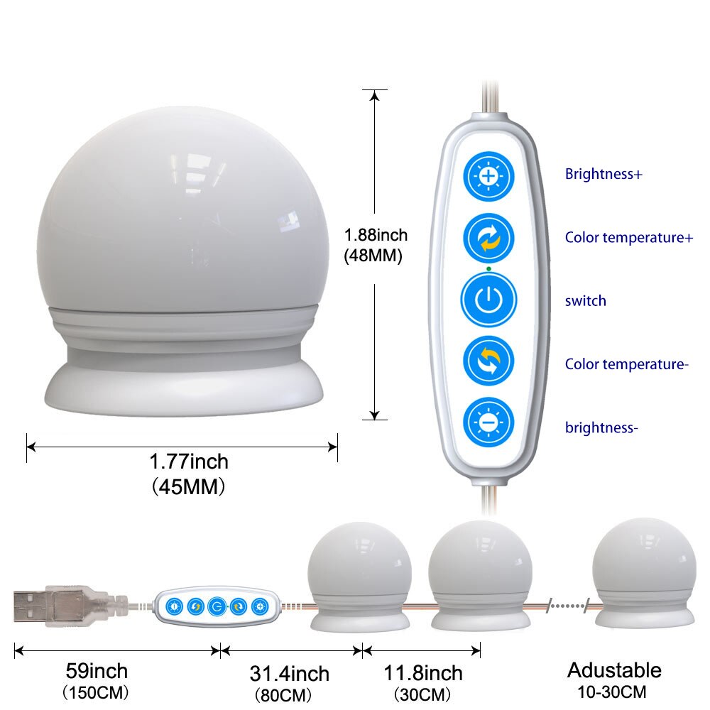 Ampoules LED USB pour miroir de maquillage, lampe murale à intensité variable, pour salle de bain, coiffeuse, 5 couleurs, 10 lumières