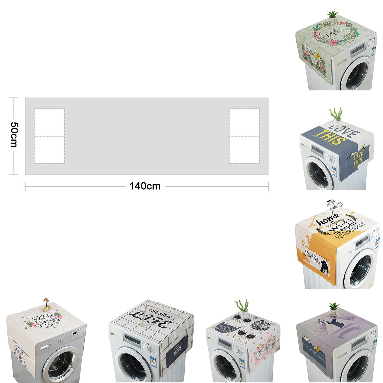 Housse anti-poussière frigo lave linge couvre avec 4 poches pour cuisine coton linge pratique multi-usages