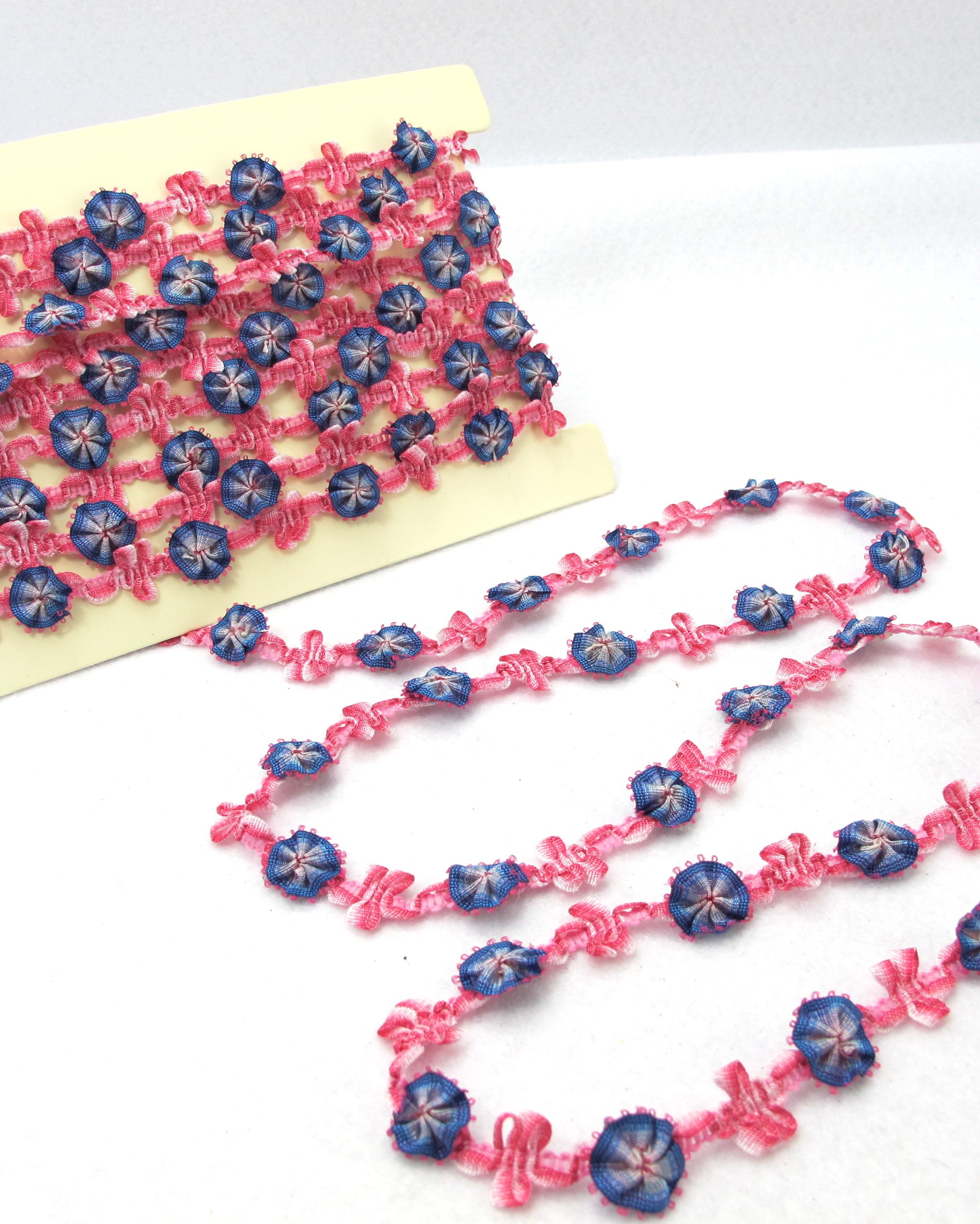 Ruban rococo tissé de 2 mètres avec boutons de fleurs roses | ruban floral décoratif | matériel de scrapbooking | vêtements | décor: 06
