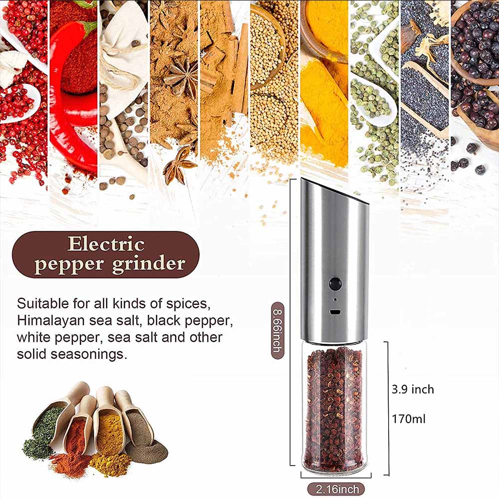 Electric Salt and Pepper Grinder Set USB Rechargeable Eletric Pepper Mill Shakers Automatic Spice Steel Machine Kitchen Tool