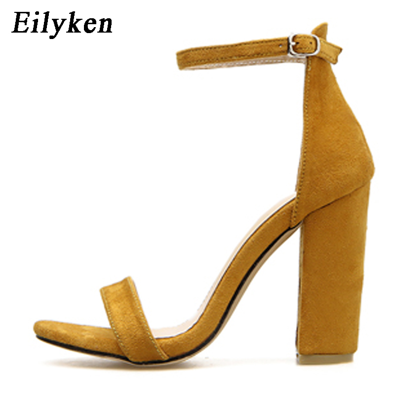 Eliyken sommar dam sandaler peep-toe spänne rem sandaler party leopardtryck gula fyrkantiga höga klackar 10.5cm sandaler: Gul / 7