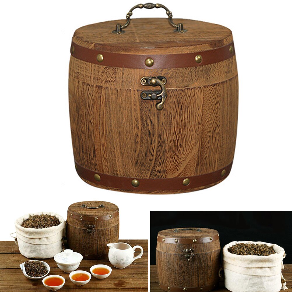 Mini Wooden Barrel Canister Storage Box For Tea Leaf Flour Coffee Bean GQ