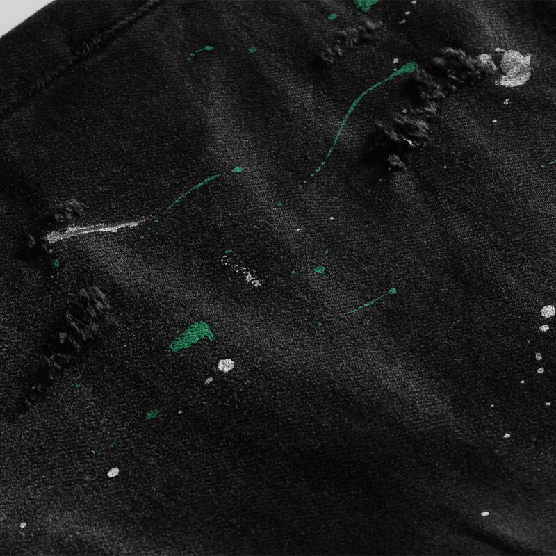 Streetwear Mannen Jeans Zwarte Kleur Verf Ripped Jeans Mannen Punk Broek Elastische Slim Fit Hip Hop Jeans homme