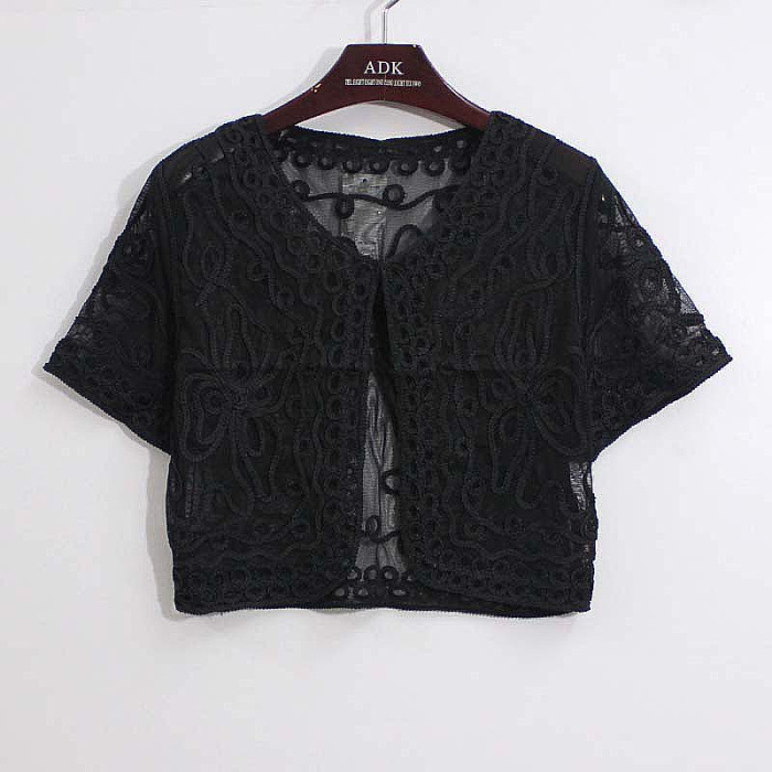 Zomer Dunne Borduurwerk Korte Mouw Kant Mesh Vest Gehaakte Shrugs Voor Vrouwen Mujer Casual Koreaanse Kleine Cape: black