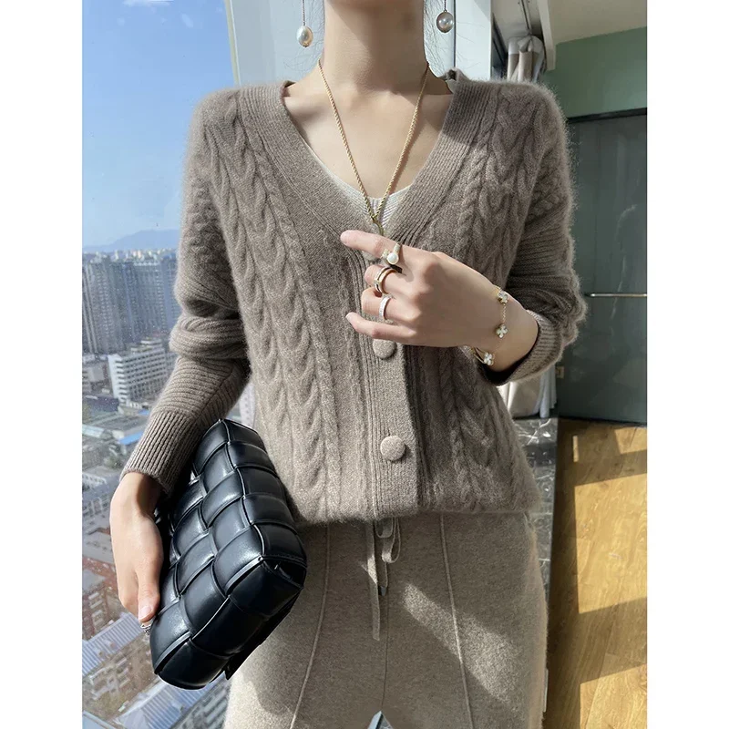 Camisola de lã de alta qualidade cardigan feminino grosso macio quente superior tecelagem flores malha roupas femininas soltas casuais roupas de inverno: L / Luz Marrom