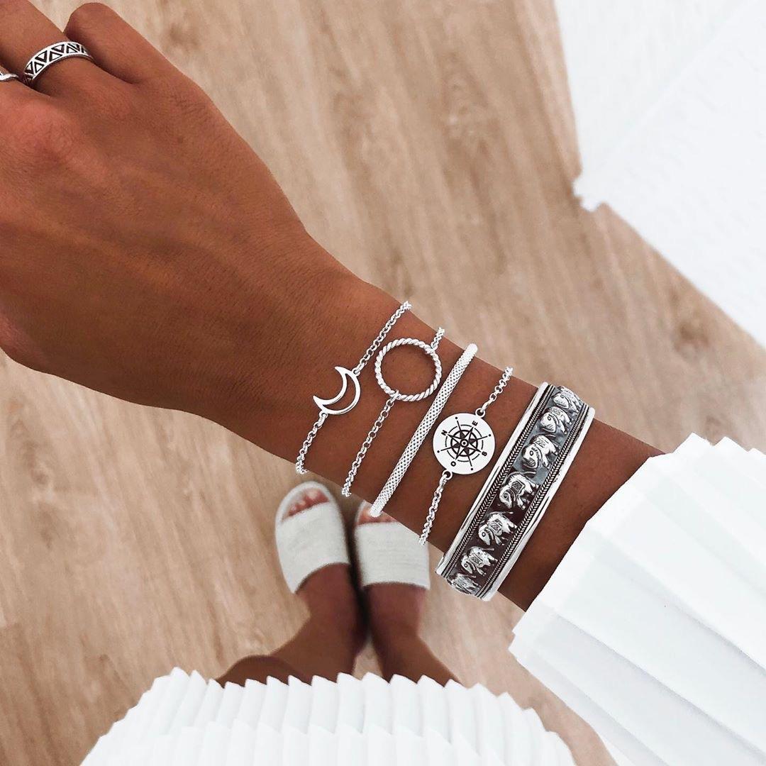 5 teile/satz Böhmen Hülse Mond Charme Armbinde einstellen Für Frauen Herz Geometrische Schwarz Perlen Kette Armreif Mädchen Schmuck