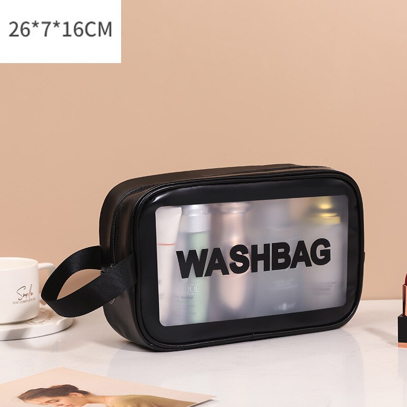 FUDEAM Transparent PVC kobiety kosmetyczka wodoodporne torby podróżne kosmetyczki organizuj PU makijaż torba torebka damska do prania: Medium Black B