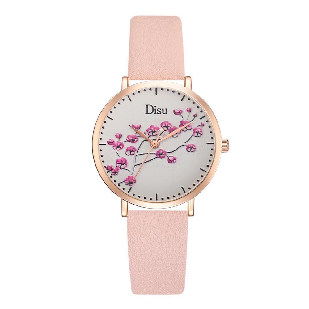Blomster urskive ure kvinder læder dame kjole personlighed romantisk quartz armbåndsur afslappet sports ur reloj mujer: Lyserød