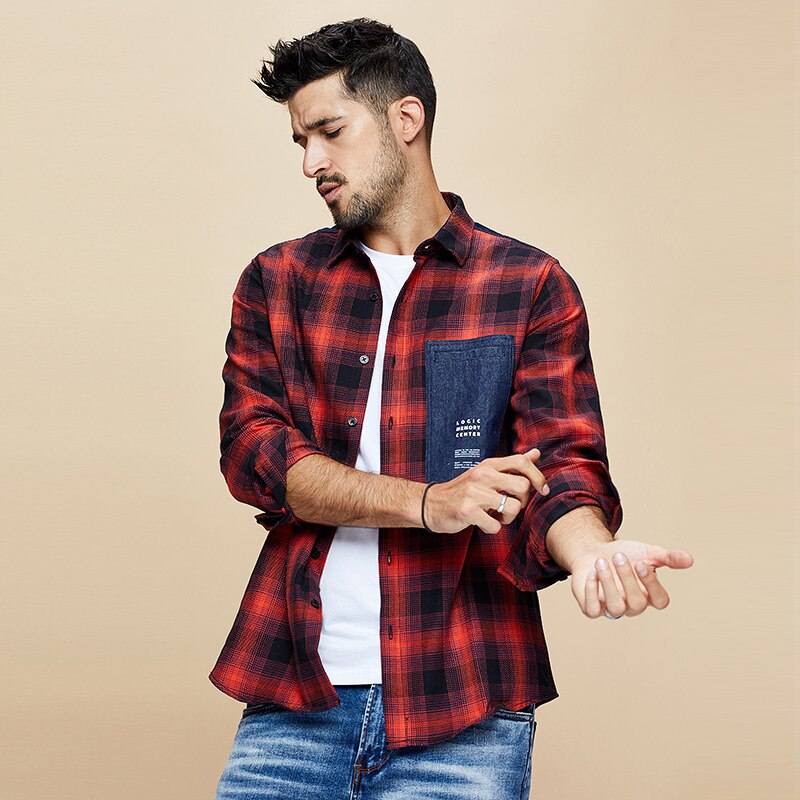 Kuegou 100%  bomuld efterårs herreskjorte langærmet plaid skjorte forårstøj top plus størrelse bc -6987