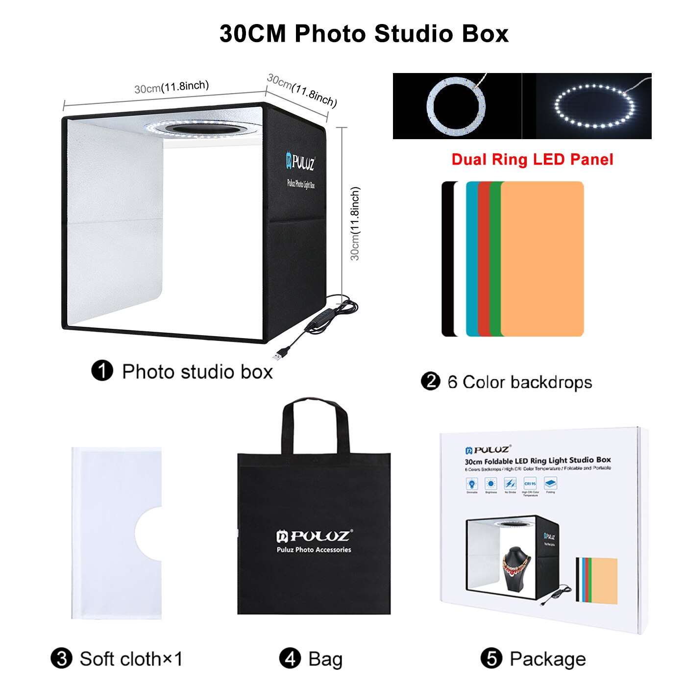 Puluz Mini Photo Studio Box Ring LED Photo Lightbox Photography Studio Shooting Box Box Kit e 6 fondali colorati Photo Softbox: 30cm Black Version