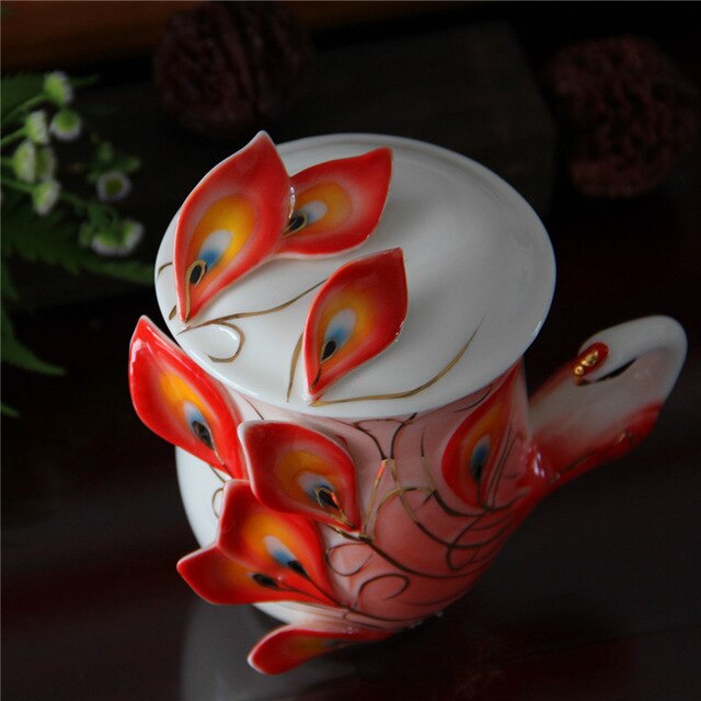 1 stk emalje porcelæn påfugl kaffekop keramiske kopper 3d farve kontor kaffe te sæt & te kop: C