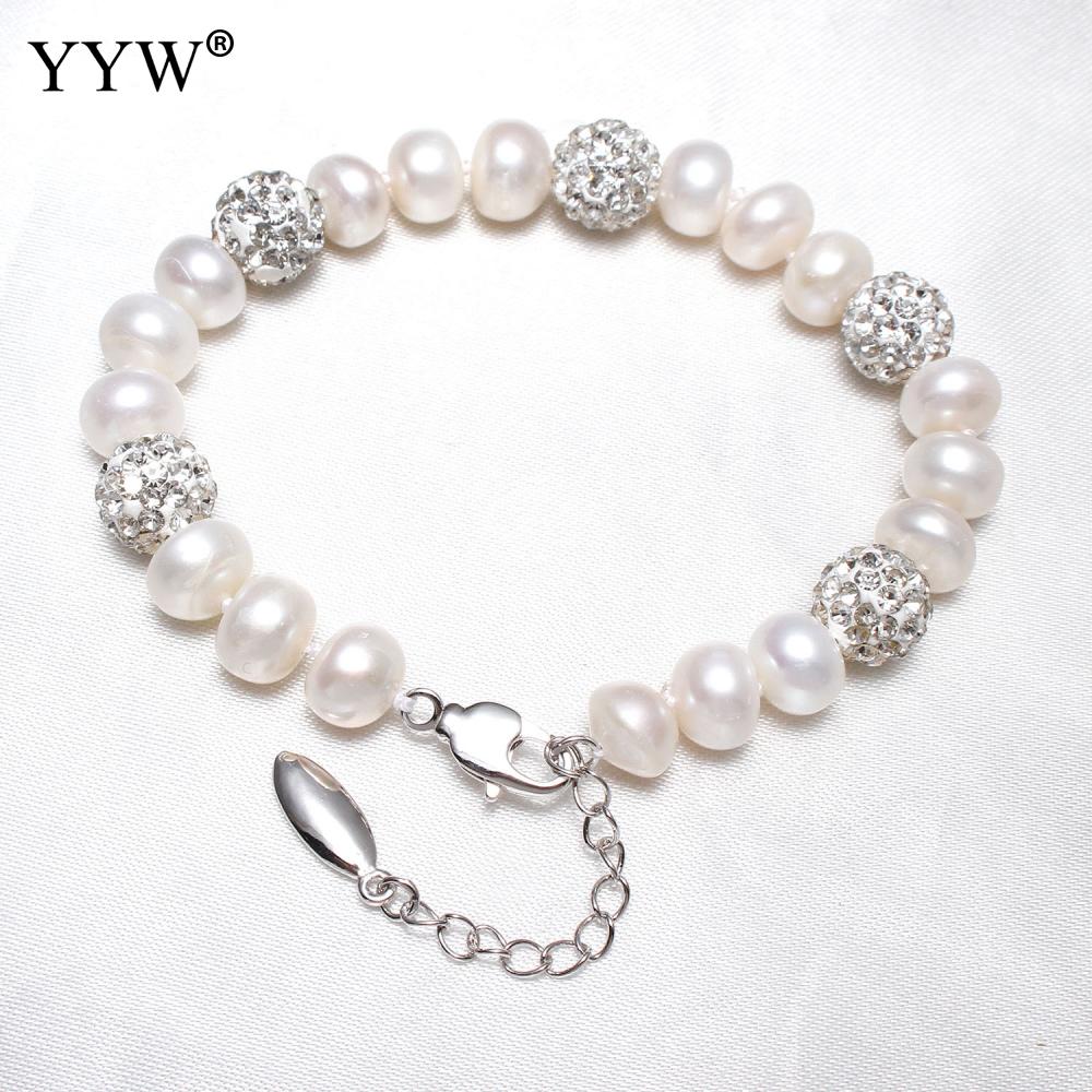 Frauen Süßwasser Perle Armbänder Karabinerverschluss Perle Armbinde Mit 5cm Verlängerung Kette Strass Abstandshalter Korn Weiß 8-9mm 7 Zoll