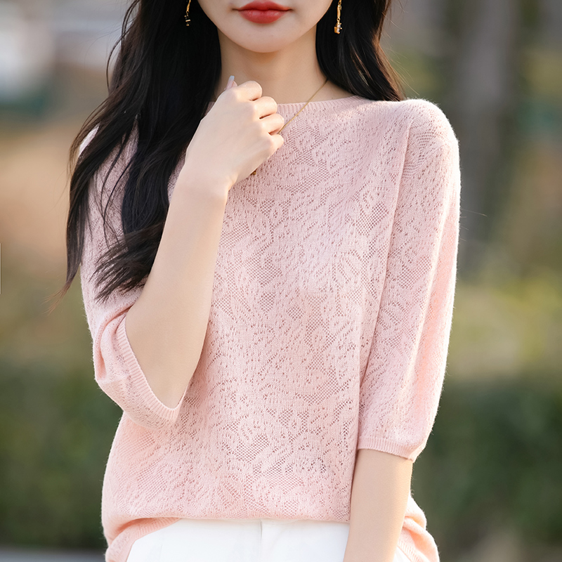 Women's Half-sleeved T-shirt Wool Lyocell Tees Sweater O-neck Flower Shaped Hollow Pullover Vest Summer Knitted Bottoming Tops: XL / Pink
