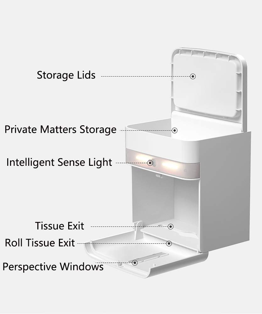 STOMMIHO Wall Mounted Toilet Paper Holder With Smart Sensor LED Lighting Waterproof Large Capacity Bathroom Tissue Storage Box