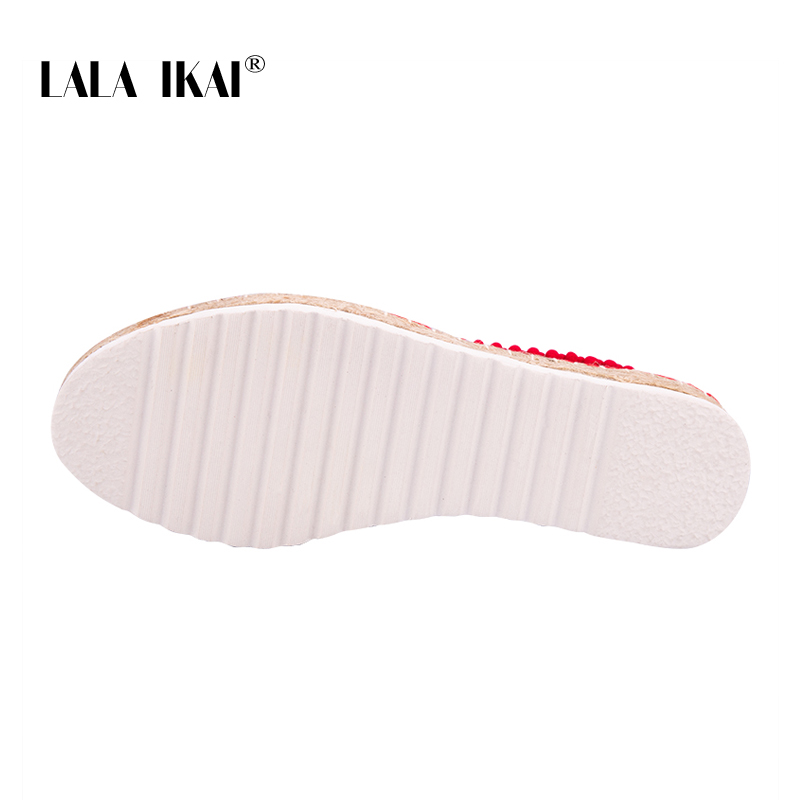 Lala ikai plataforma feminina alpercatas apartamentos 2020 outono vermelho cânhamo deslizamento em único sapatos casuais senhoras pompon mocassins XWA5752-4