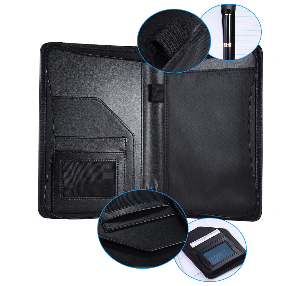 A5 PU Leather Portable Business Portfolio Padfolio Folder Document Case Organizer with Business Card Holder Memo Note Pad