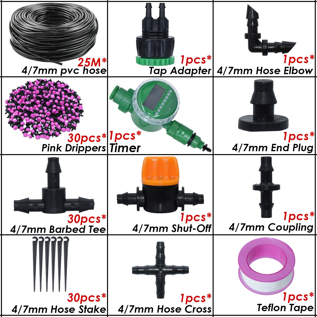 Kit d&#39;arrosage automatique goutte-à-goutte pour serre, 10-50M, 1/4 &#39;&#39;, système d&#39;irrigation, tuyau 4/7mm, buses de brouillard en laiton pour jardin, maison, plante en pot: KSL01-KIT351B-25M