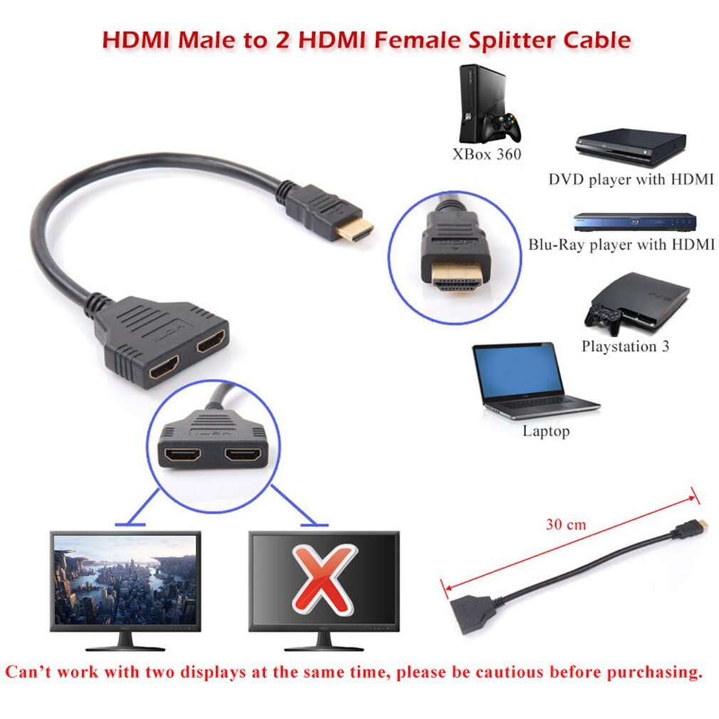 1 In 2 Out Hdmi Converter Connect Cable Cord 2 Dual Port Y Splitter 1080p