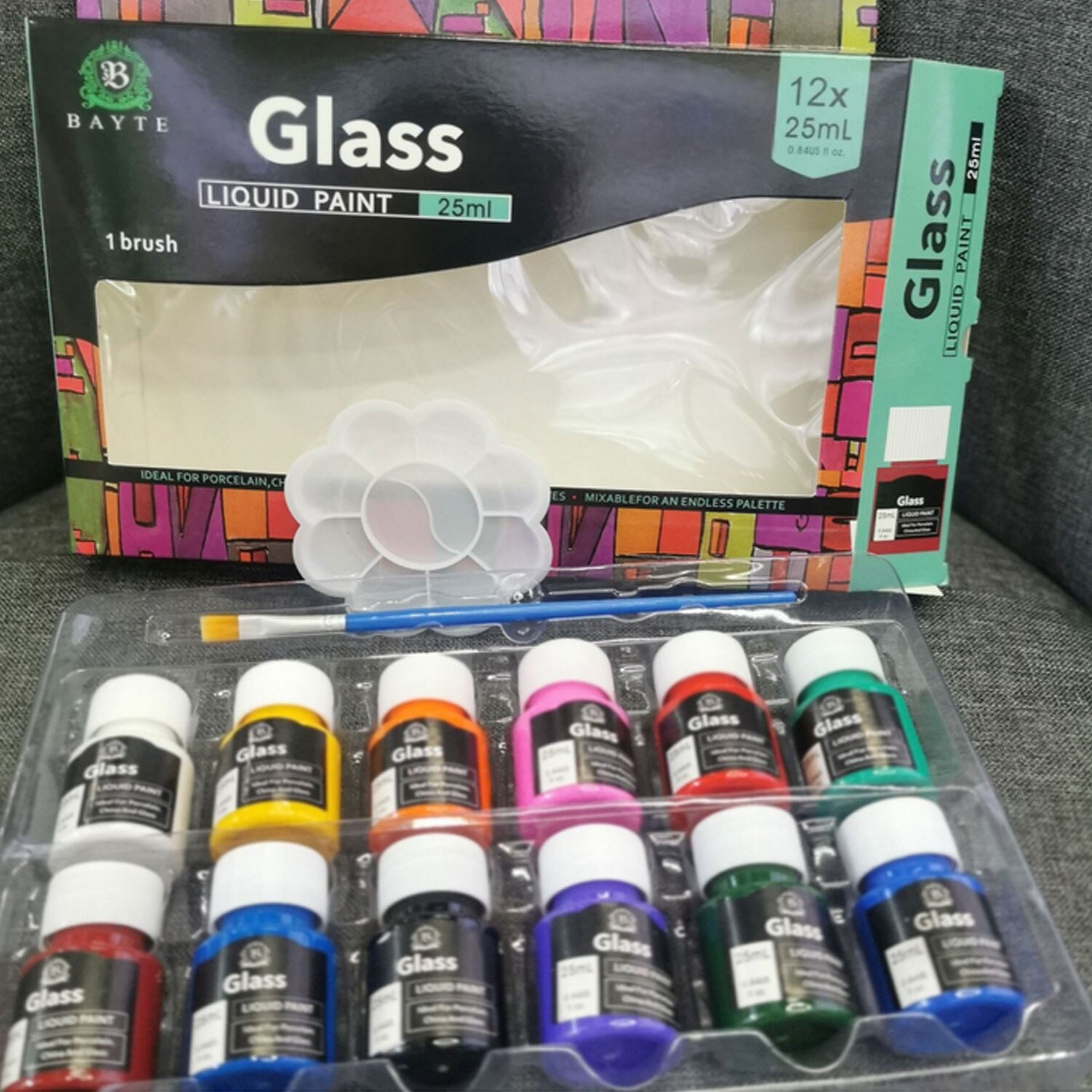 12pcs 25ml Glass Liquid Paint with 1 Painting Brush 1 Palette for Beginners Students DIY Drawing Art Crafts Projects