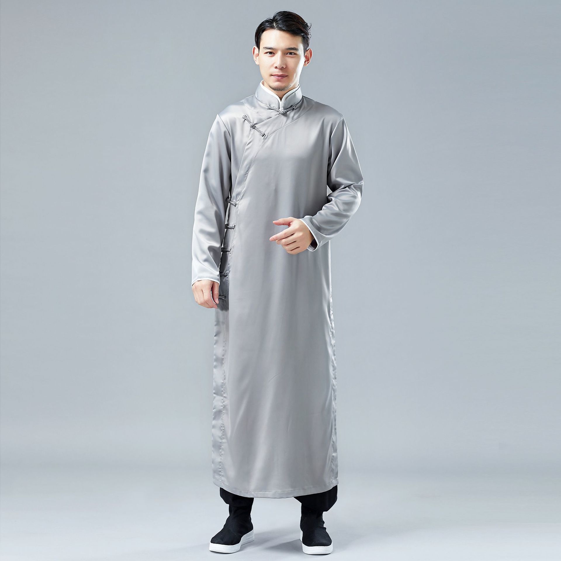 IEFB /men's wear spring satin gown robe Chinese style national costume long sleeve vent hem clothes 9Y1242