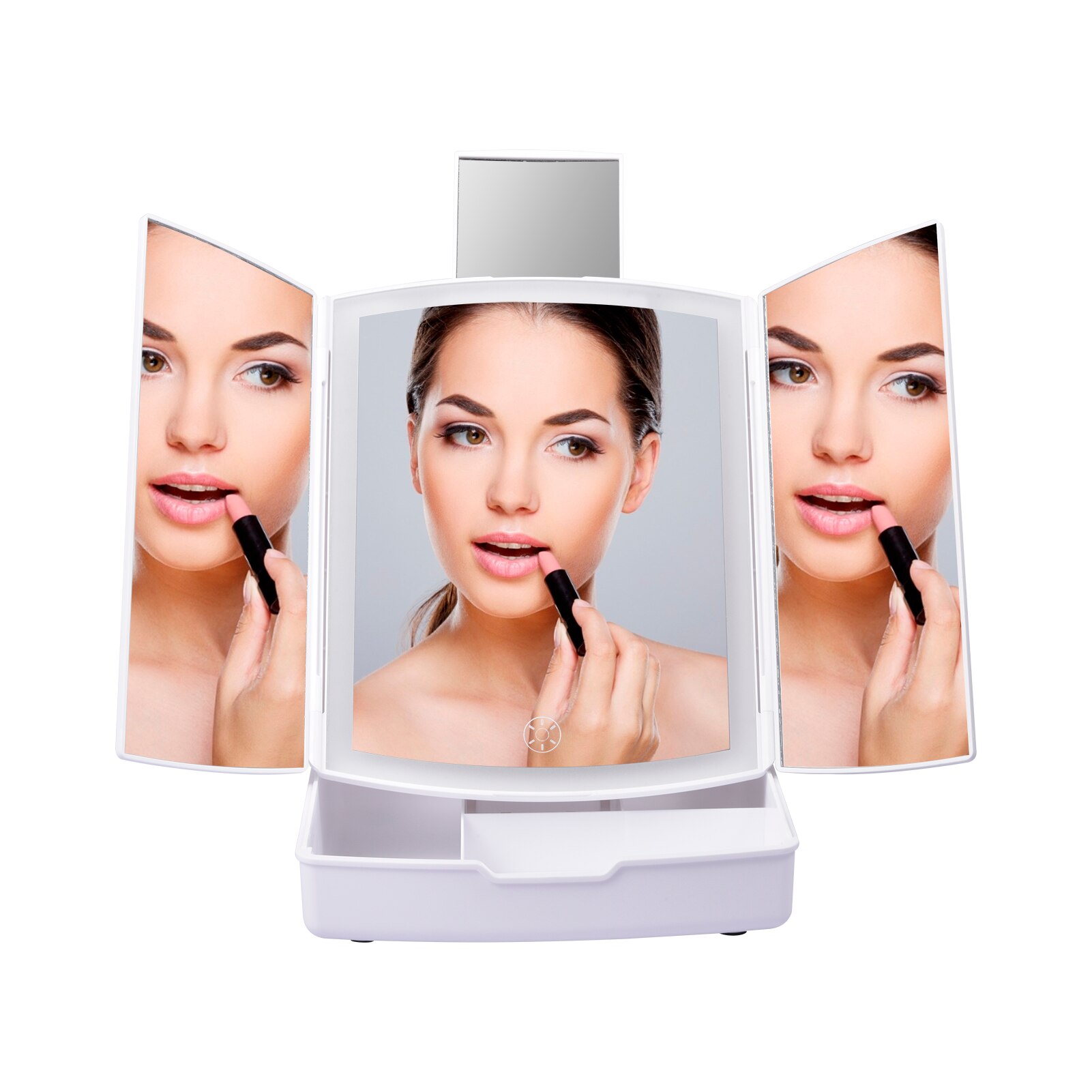 Lighted Makeup Mirror Trifold Vanity Mirror Touch Screen Dimming with Storage Tray ang 5x Magnification mirror