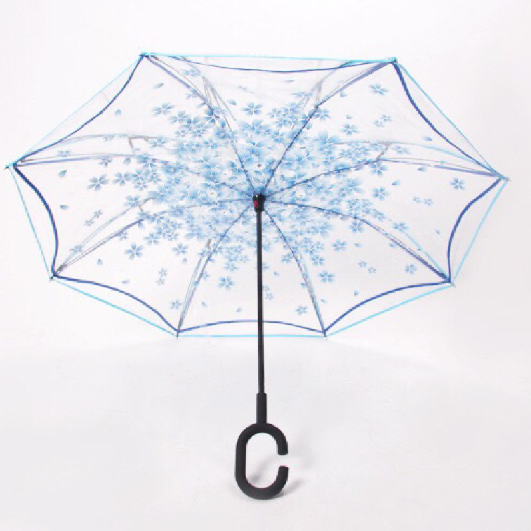 Parapluie Transparent inversé Sakura pour femmes, Double couche, poignée en C, coupe-vent, parapluie pliable, équipement de pluie: Blue