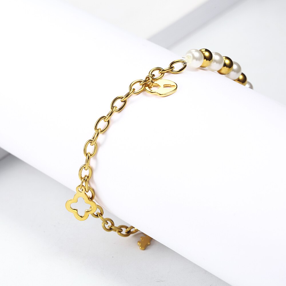 OUFEI, pulsera con dijes, accesorios de joyería, joyería de acero inoxidable para mujer, , pulsera de bolas de acero perlado, brazaletes para mujer