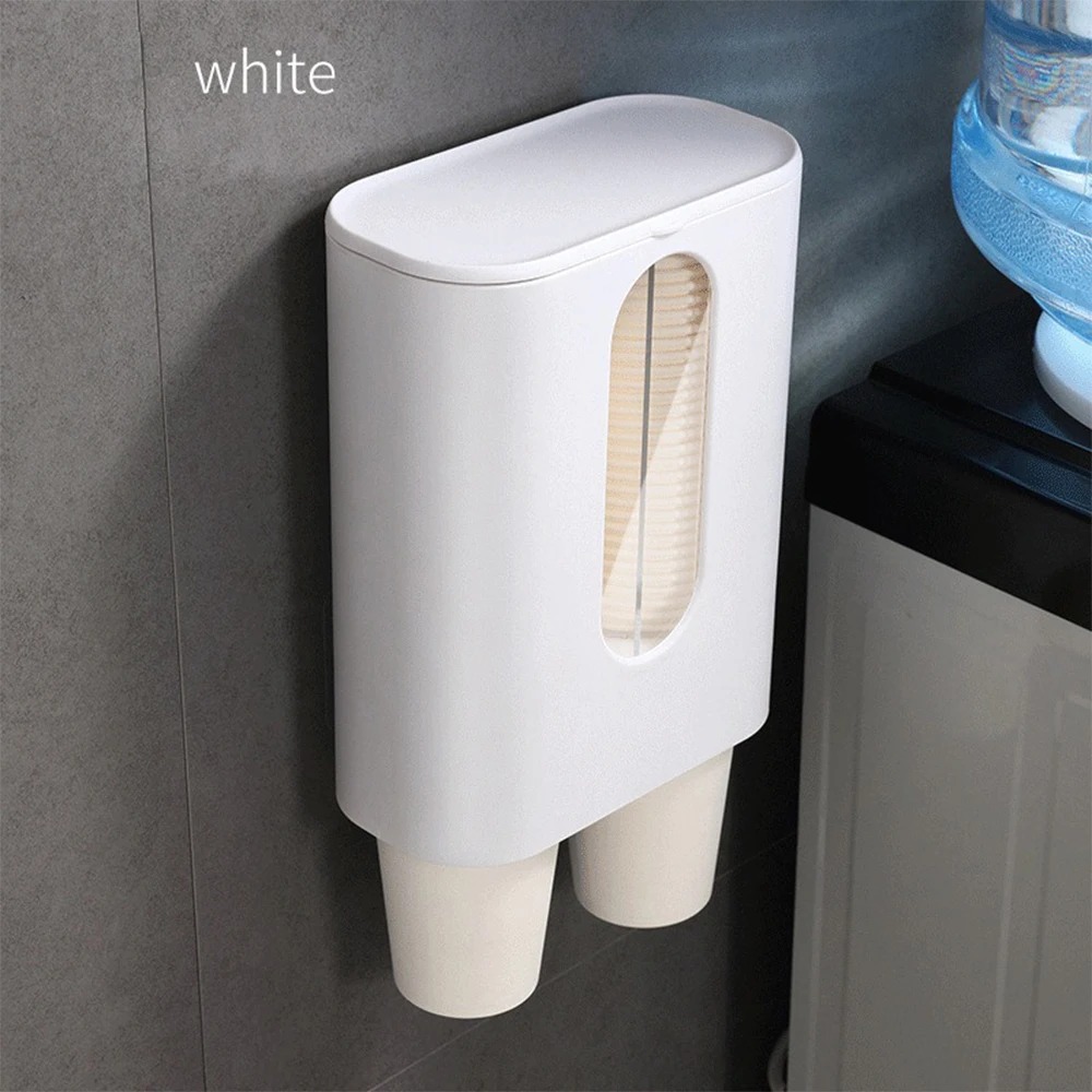 Portavasos desechable, dispensador de vasos para el hogar, dispensador de agua, portavasos a prueba de polvo, tubo montado en la pared, estante de almacenamiento de vasos de papel: Blanco