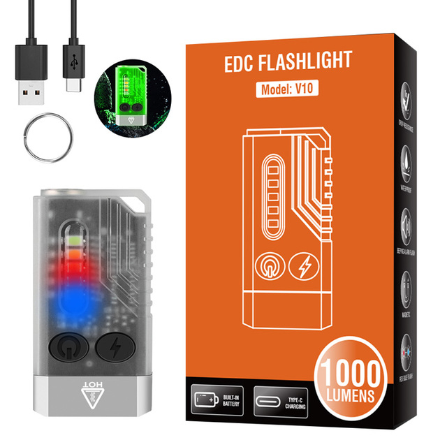 Mini V10 EDC Flashlight 1000LM Super Bright Portable Keychain Light With Magnet USB Rechargeable UV Beep Camping Lantern: changeable