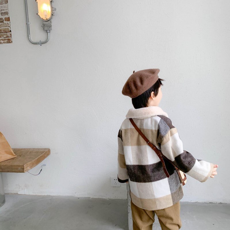 Winterjongens wollen geruite jassen 1-6 jaar omslagkraag enkelrijs bovenkleding kinderen jongens warme casual jassen