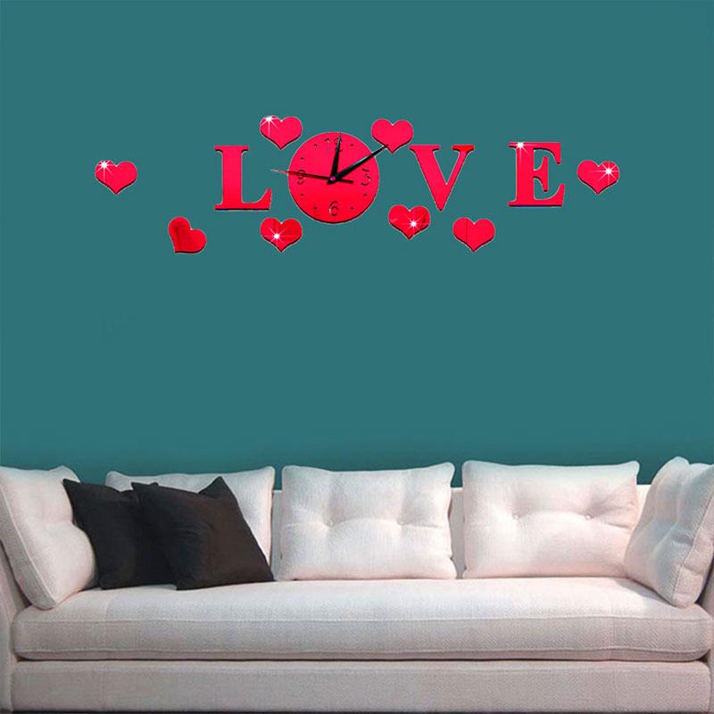 Creatieve 3D Spiegel Effect Stickers Wandklok Liefde Decals Woonkamer Decoratie