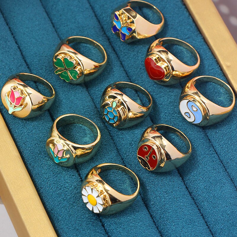 Voel Emaille Daisy Tulp Schildpad Vlinder Ringen Punk Plant Dier Goud Kleur Metalen Ringen Voor Vrouwen Sieraden