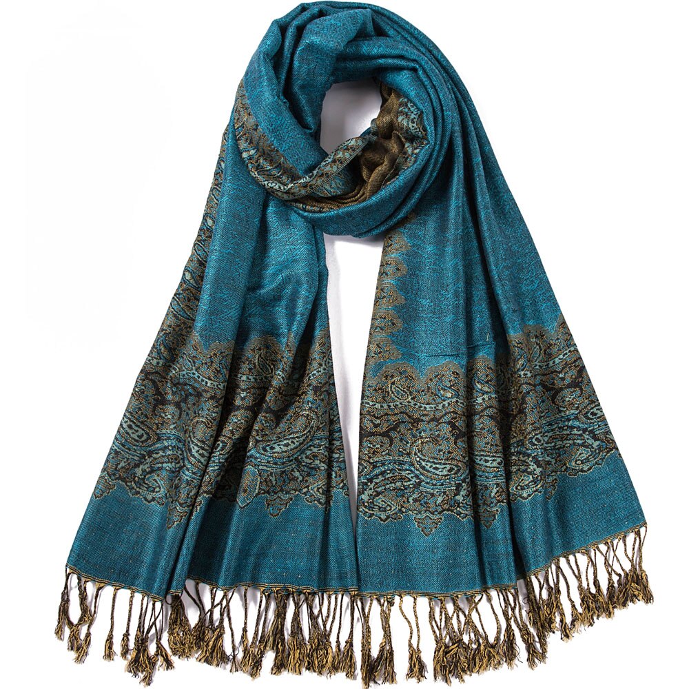 Paisley pashmina silke bomuld blandet luksus tørklæde sjal cap stjal jacquard hoved tørklæder kvast lang stor tynd klassisk: Turkis