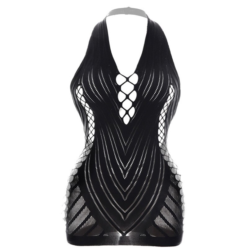 Nuisette Sexy à col suspendu pour femmes, sous-vêtements féminins, tentation, sac sans bretelles, jupe élastique à la hanche, résille Sexy, vêtements intimes: black