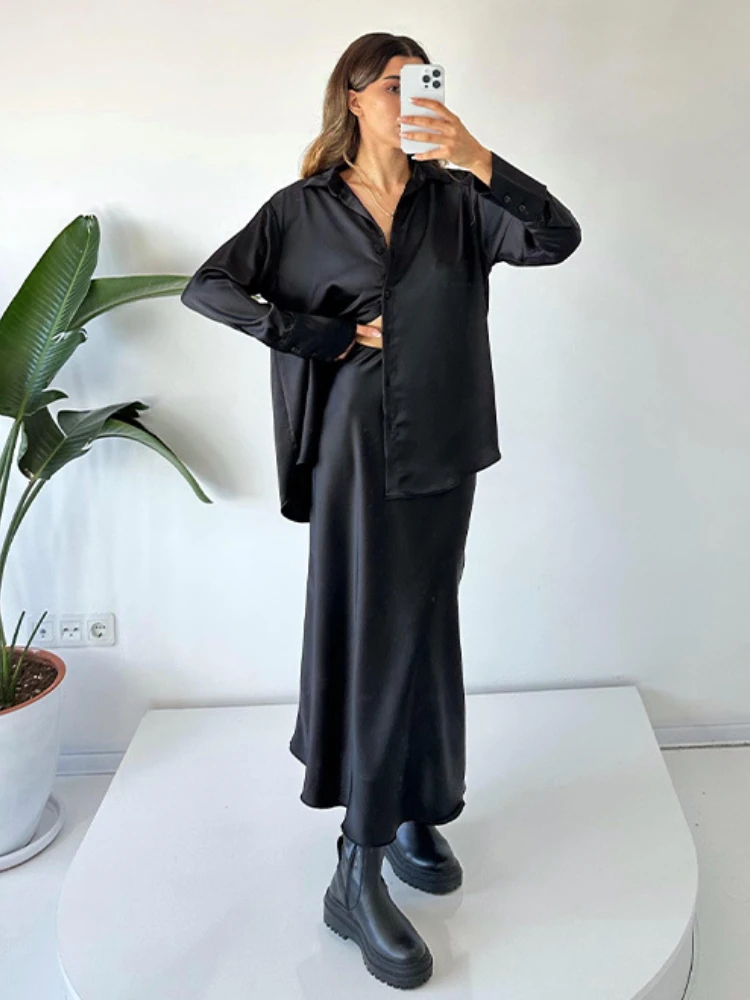 Women's Long Sleeve Shirt Tops Suits Slim Fit Large Swing Dress Set Casual Loose Spring Summer 2 Pcs: L / Blue