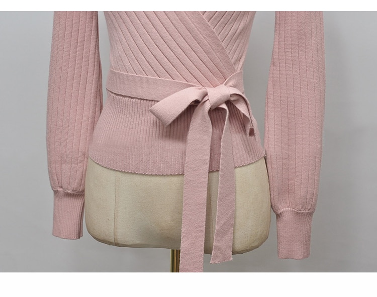 Lyserød v-hals lanterne ærme snørebånd wrap sweater kvinder forår efterår sort ol cardigan strikket jumper damer toppe
