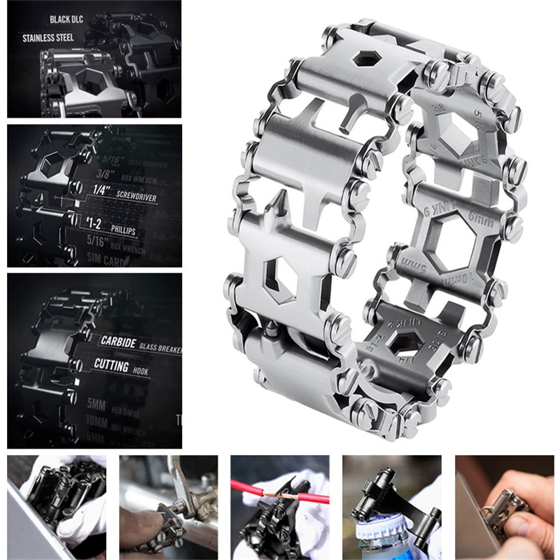 29 in 1 Multifunction Tool Tread Bracelet Stainless Steel Outdoor Bolt Driver Tools Kit Travel Friendly Wearable Multitool Tool