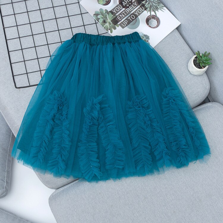 Girls Skirts Summer Gauze Tutu Skirt For Kids 3-12years Teenager Tulle Skirt Rainbow Yellow Long School Clothing: Blue / 3-4Y