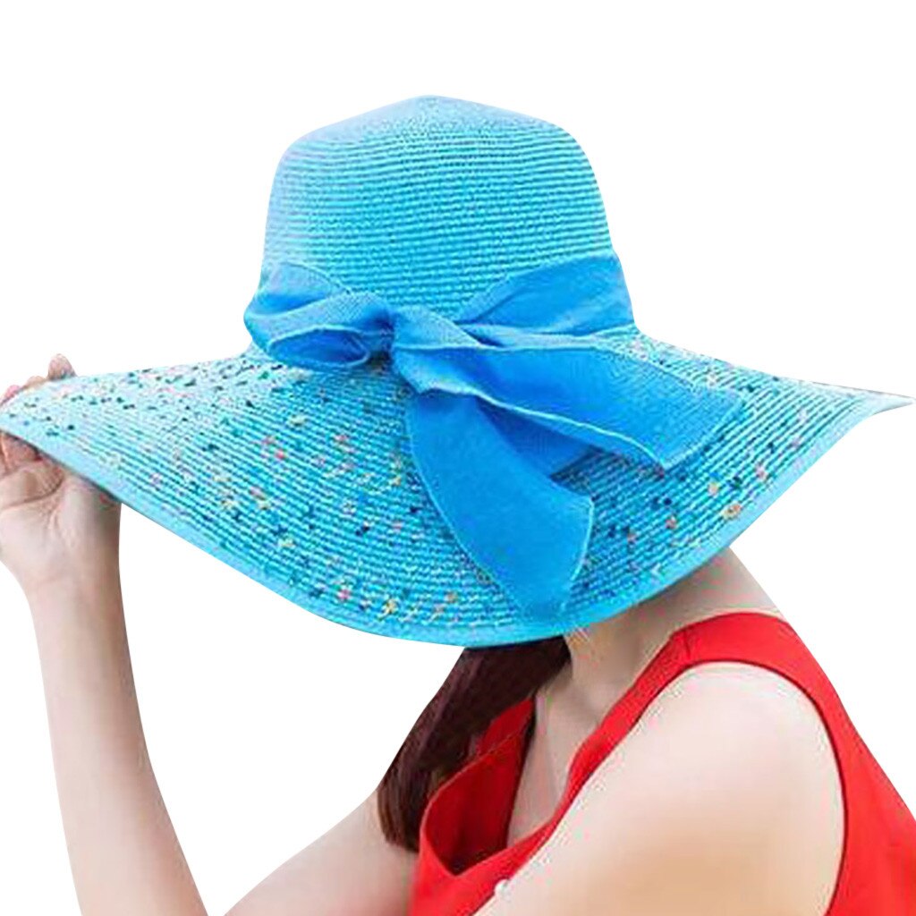 Women Colorful Big Brim Straw Hat Sun Floppy Wide Brim Hats Bowknot Folding Beach Cap Leopard Print women Summer hat: B